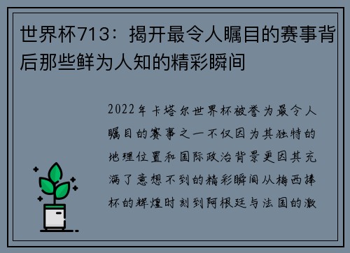 世界杯713：揭开最令人瞩目的赛事背后那些鲜为人知的精彩瞬间